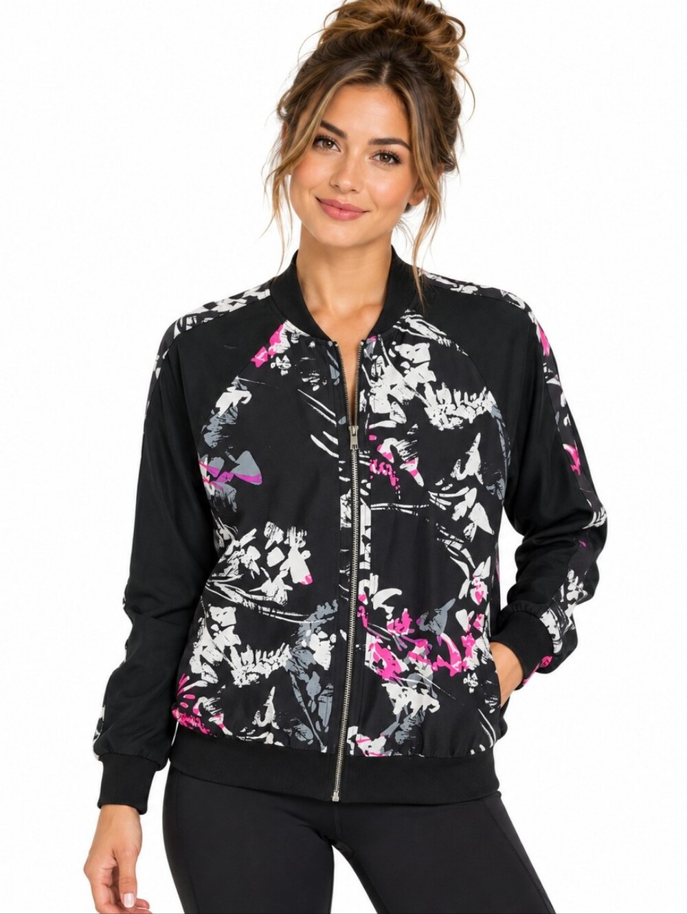Fabletics Bev Bomber Jacket M Black Pink Pretty Punk Floral Athleisure